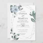 HOCHZEIT | Dusty Blue Floral Watercolor Silver Einladung (Vorderseite)