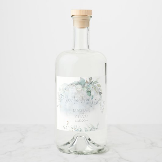 Hochzeit | Dusty Blue Over Over Moon in Liebe Alkoholflaschenetikett (Vorderseite)