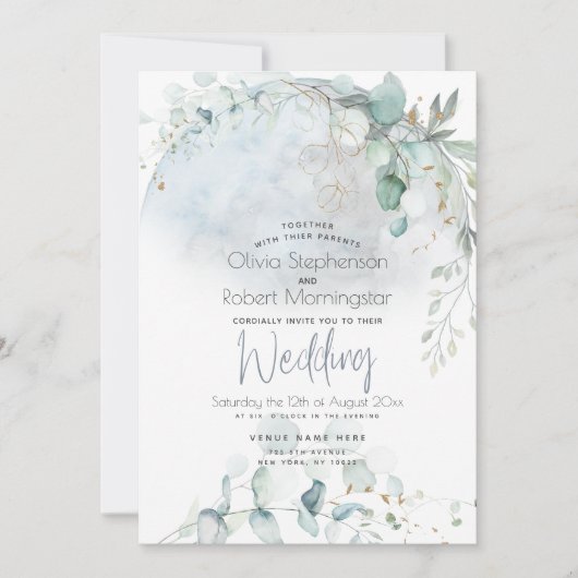 Hochzeit | Dusty Blue Over Over Moon in Liebe Einladung (Vorderseite)