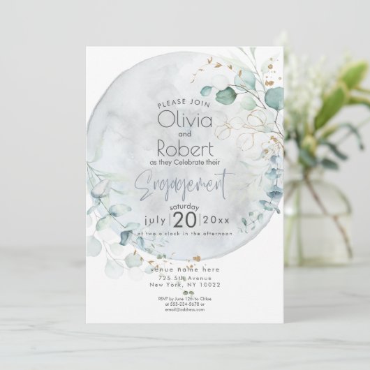 Hochzeit | Dusty Blue Over Over Moon in Liebe Einladung (Stehend Vorderseite)