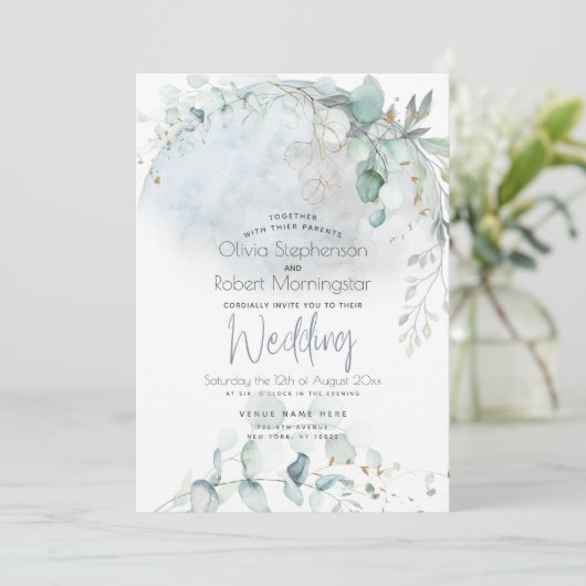 Hochzeit | Dusty Blue Over Over Moon in Liebe Einladung (Stehend Vorderseite)