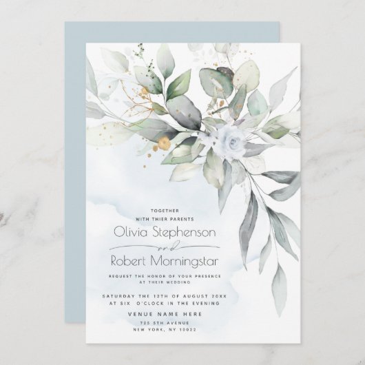 Hochzeit | Dusty Blue Rose Woodland Greenery Boho Einladung (Vorne/Hinten)