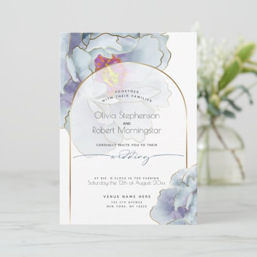 HOCHZEIT | Dusty Blue Tropical Peony Einladung (Stehend Vorderseite)