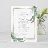 Hochzeit | Dusty Green Elegant Tropical Foliage Einladung (Stehend Vorderseite)