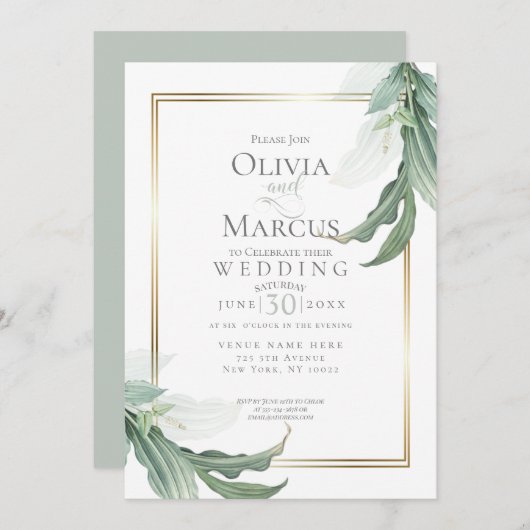 Hochzeit | Dusty Green Elegant Tropical Foliage Einladung (Vorne/Hinten)