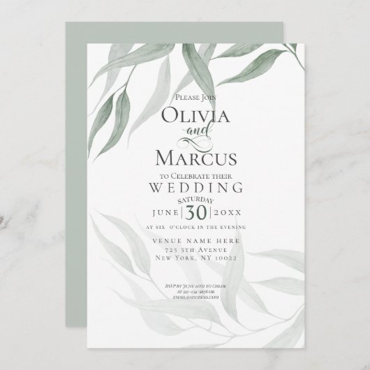 Hochzeit | Dusty Green Watercolor-Wälder-Foliage Einladung (Vorne/Hinten)