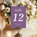 Hochzeit Dusty Lila Simple Elegante Kalligraphie Tischnummer<br><div class="desc">Eine einfache Tischnummer für eine staubige lila Hochzeitsfarbe. Es ist nur weißer Text auf einem staubigen lila Hintergrund. Alles außer der Zahl selbst ist in einem eleganten kalligrafischen Skript geschrieben.</div>