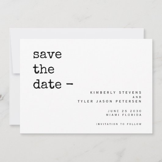 Hochzeit einer modernen, einfachen Schreibmaschine Save The Date (Vorderseite)