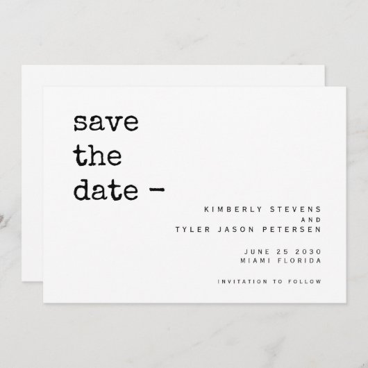 Hochzeit einer modernen, einfachen Schreibmaschine Save The Date (Vorne/Hinten)
