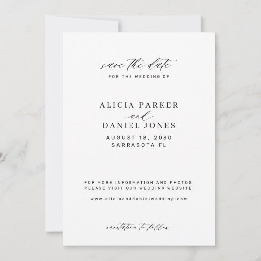 Hochzeit eines eleganten Kalligraphieskriptes Foto Save The Date (Rückseite)