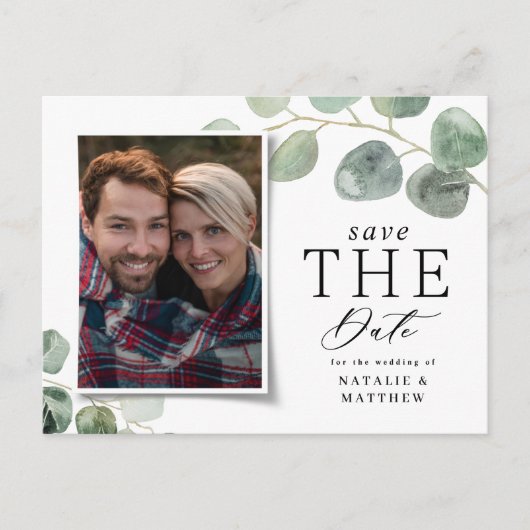 Hochzeit eines modernen Eukalyptus-botanischen Fot Ankündigungspostkarte (Vorderseite)