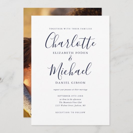Hochzeit eines Navy Blue Signature Script-Fotos Einladung (Vorne/Hinten)