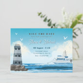 Hochzeit eines Schiffes mit blauem Wasser Save The Date (Stehend Vorderseite)
