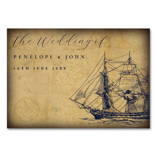 Hochzeit eines Vintagen Kartenschiffs Tischnummer (Rückseite)