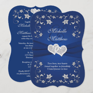 Hochzeit Einladung 2 Royal Blue Silver, Floral, He