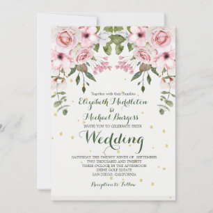 Hochzeit Elegant Blumenblättern Rosa Grün Einladung