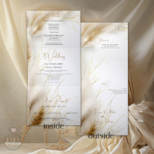 Hochzeit Elegant Boho Ivory und Gold Pampas Dreifach Gefaltete Einladung