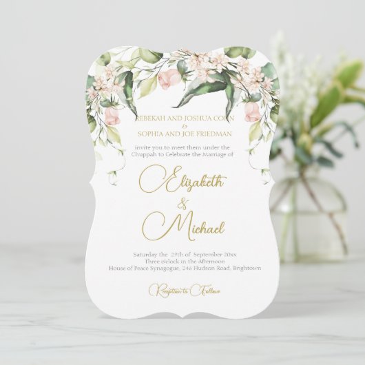 Hochzeit Elegant Chuppah Rose Grünen Jüdisch Einladung (Stehend Vorderseite)