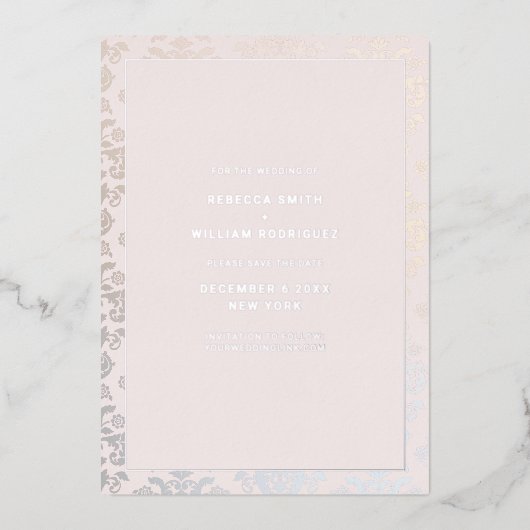 Hochzeit Elegant Damask Silbercreme Save the Date Folieneinladung (Vorderseite)