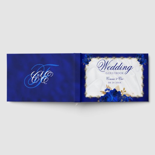 Hochzeit Elegant Floral Royal Blue White Gold Gästebuch (Voll)