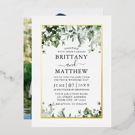 Hochzeit Elegant Ivy Sage Grünes Foto Gold Folieneinladung (Vorderseite/Rückseite)