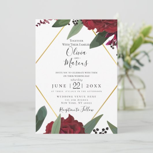 HOCHZEIT | Elegant Rich Burgundy Marsala Floral 2 Einladung (Stehend Vorderseite)