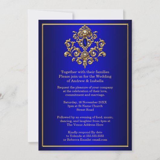 Hochzeit Elegant Royal Blue Gold Jewel 2 Einladung (Rückseite)