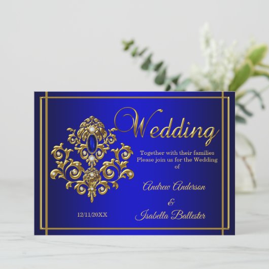 Hochzeit Elegant Royal Blue Gold Jewel Einladung (Stehend Vorderseite)