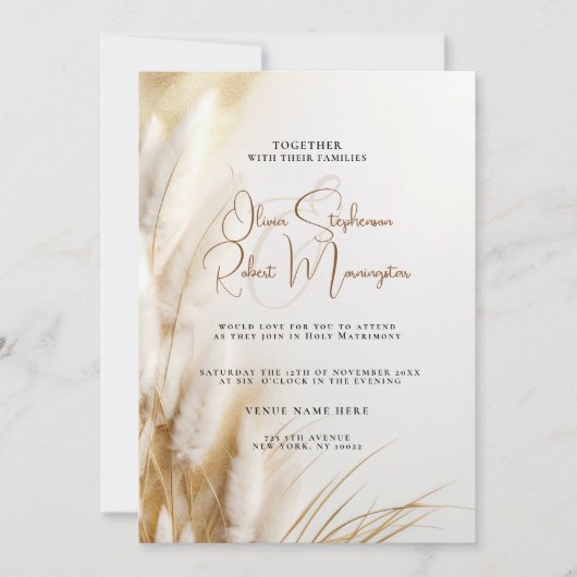 Hochzeit | Elegante Bohemische Blumengoldpampas Einladung (Vorderseite)