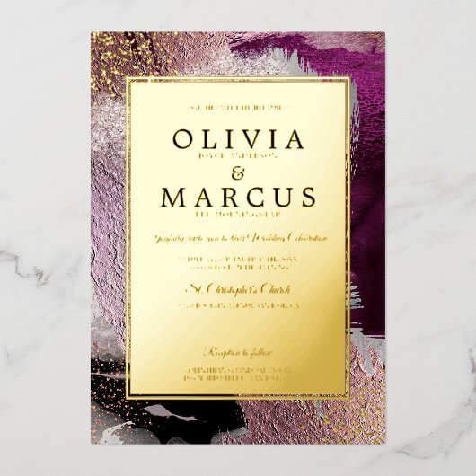 HOCHZEIT | Elegante Gold Cassis Plum Pinselstriche Folieneinladung (Vorderseite)