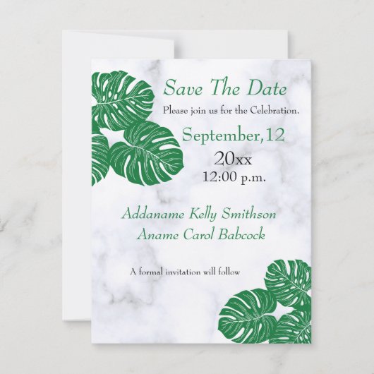 Hochzeit elegante moderne tropische Blätter aus Ma Save The Date (Vorderseite)