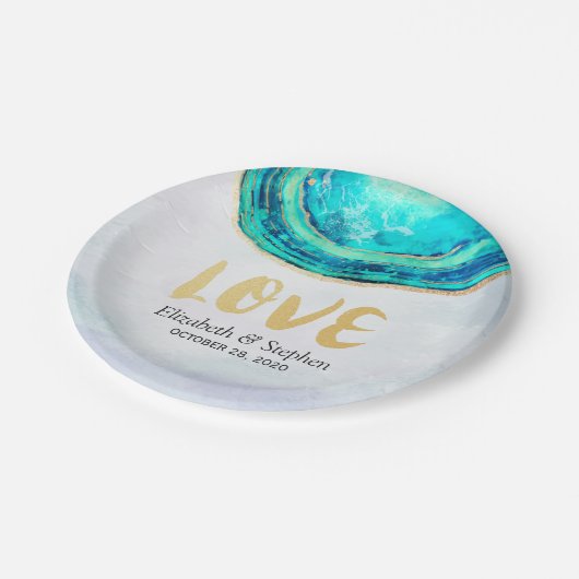 Hochzeit Elegante Wasserfarbe Aquamarin & Gold Aga Pappteller (Schrägansicht)