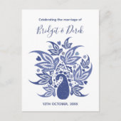 Hochzeit Eleganter Pfau Blau und Weiß individuell Einladungspostkarte (Vorderseite)