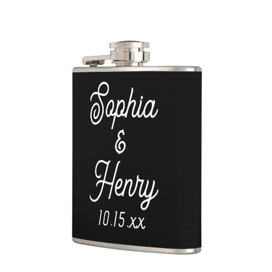 Hochzeit Eleganter Script Typografie Schwarz-weiß Flachmann (Links)