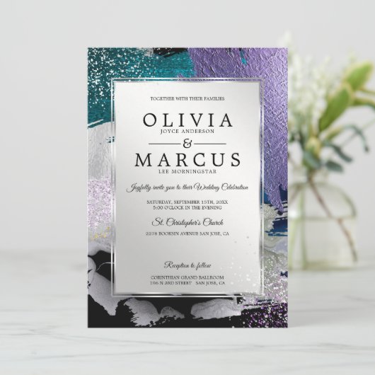 Hochzeit | Eleganter Silberstreifen mit Pinselstri Einladung (Stehend Vorderseite)