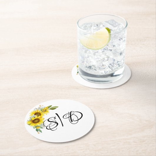 Hochzeit eleganter Typografie-Sonnenblumen Runder Pappuntersetzer (Vor Ort)