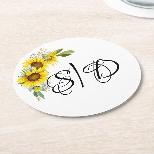 Hochzeit eleganter Typografie-Sonnenblumen Runder Pappuntersetzer (Angewinkelt)