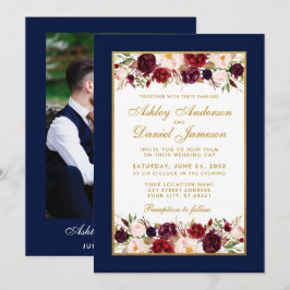Hochzeit Elegantes Burgundy Floral Blue Gold Foto Einladung