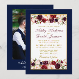 Hochzeit Elegantes Burgundy Floral Foto Blue Gold Einladung