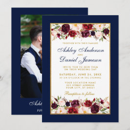Hochzeit Elegantes Burgundy Floral Gold Blue Foto Einladung