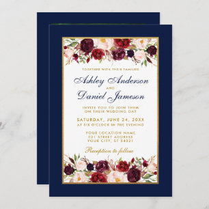 Hochzeit Elegantes Burgundy Floral Gold Blue Foto Einladung