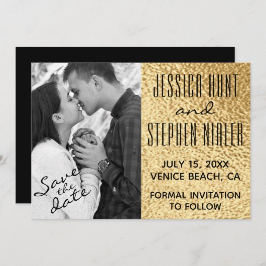 Hochzeit Elegantes Gold und Schwarz Save The Date (Vorne/Hinten)
