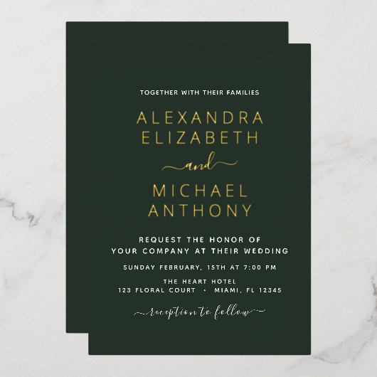 Hochzeit Elegantes romantisches Smaragdgrün Gold Folieneinladung (Vorderseite/Rückseite)