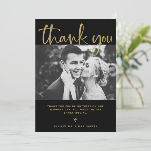 Hochzeit| Elegantes Schwarz und Gold mit Fotos Dankeskarte (Stehend Vorderseite)