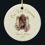 Hochzeit Erste Weihnachtszeit Katholische Keramik  Keramik Ornament<br><div class="desc">Mit einem atemberaubenden Vintage-Bild von St. Joseph und Maria,  die ihre Gelübde auf der einen Seite austauschen,  und der ikonischen Weihnachtskrippe-Szene mit Jesus,  Maria und St. Joseph auf der anderen Seite. Dieses Ornament ist sicher eine wertvolle Ergänzung zu jeder Zuhause.</div>