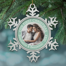 Hochzeit Erstes Weihnachts-Foto Individuelle Name  Schneeflocken Zinn-Ornament