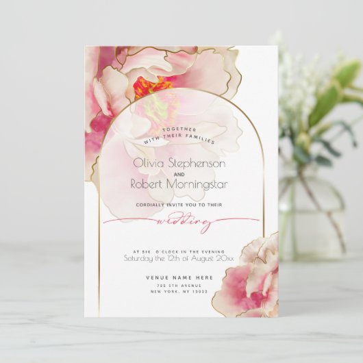 HOCHZEIT | Exotic Coral Rose Peony Einladung (Stehend Vorderseite)