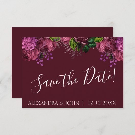 Hochzeit Floral Marsala Burgundy Save the Date (Vorne/Hinten)