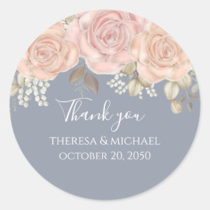 Hochzeit floral Vielen Dank Rose Gold Dusty Blue Runder Aufkleber