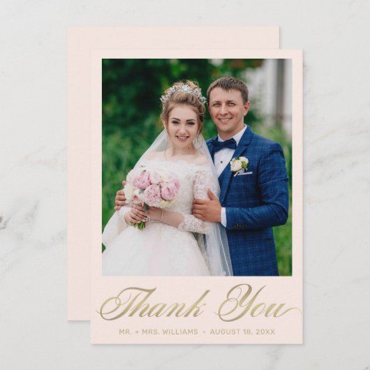 Hochzeit Foto Blush Elegantes Gold Script Dankeskarte (Vorne/Hinten)